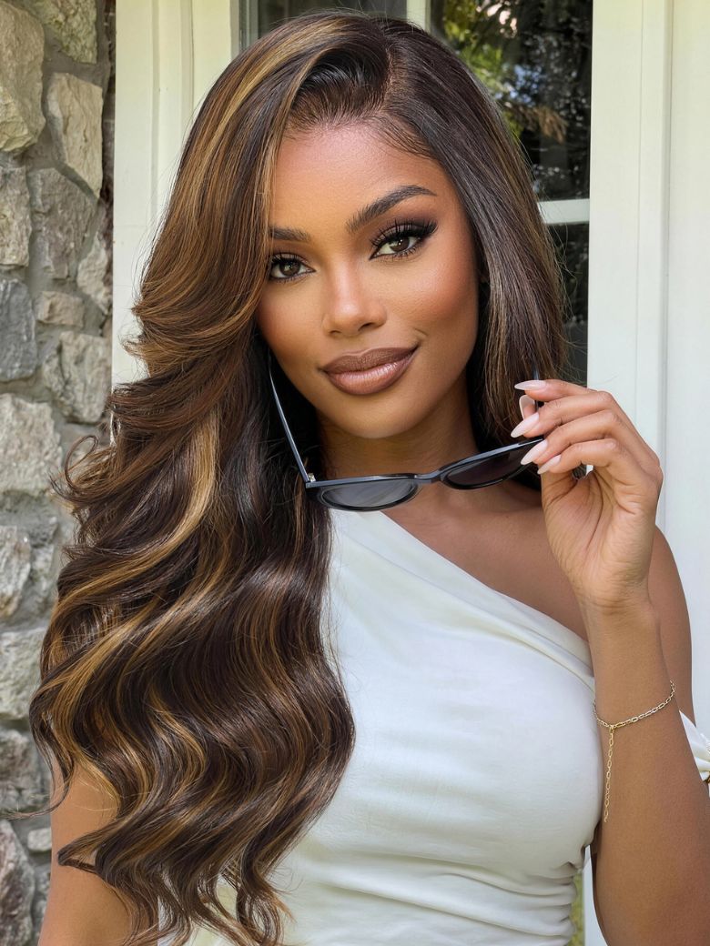 Richmond GB Hair Brown Balayage Highlight 7x5 Bye Bye Knots Glueless Lace Body Wave Wig with Face Framing Layers - Front View