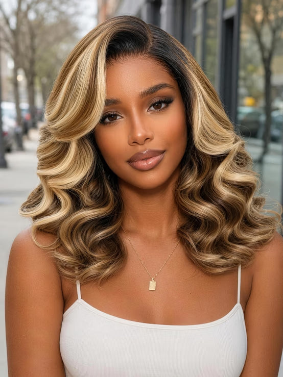 Richmond GB Hair 7x5 Lace No Slip Wig Dark Root Honey Blonde Highlighted Layered Body Wave Bob Human Hair Wig - Front View