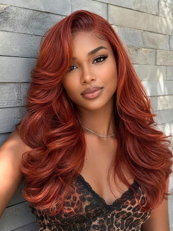 Richmond GB Hair Dark Copper Auburn 7x5 No-Slip Glueless Lace Closure Wig with Feathered Layers Loose Wave Human Hair - Front View