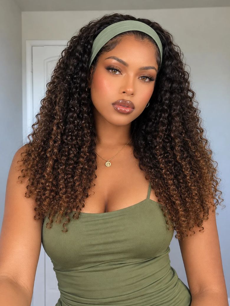 Richmond GB Hair Ombre Chestnut Brown Burmese Curly 2-in-1 Headband Wig Glueless Human Hair Wig with Invisi Drawstring - Front View