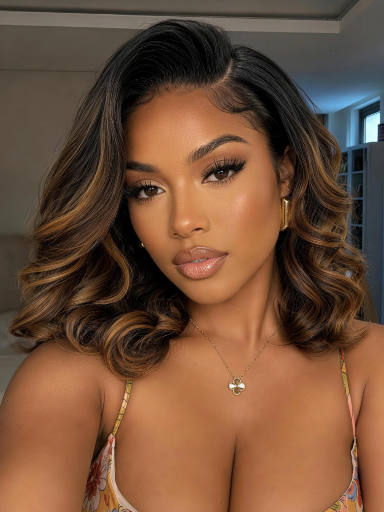 Richmond GB Hair Brown Balayage Highlight Bob Wig 7x5 No-Slip Glueless Lace Face-Framing Blowout Body Wave Bob Human Hair Wig - Front View