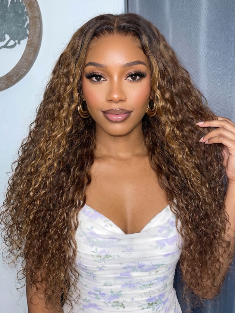 Richmond GB Hair 7x5 No Slip Glueless Lace Brown With Honey Blonde Highlights Water Wave Wig - Front View