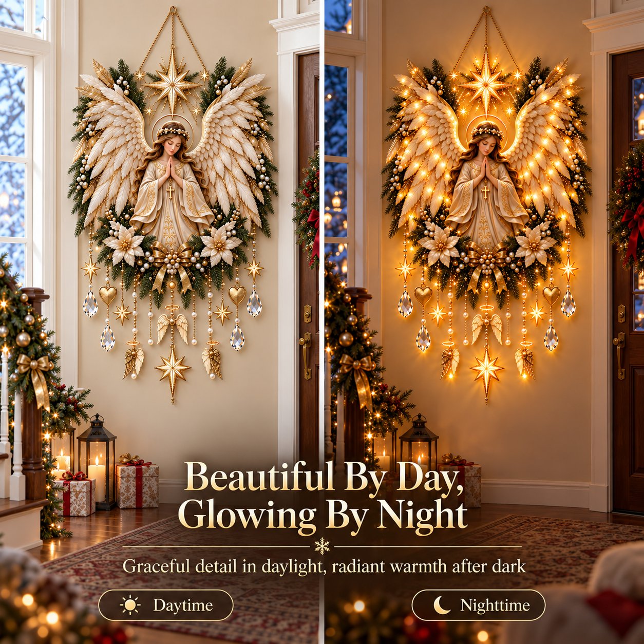 Prayer angel wall decoration glowing at night