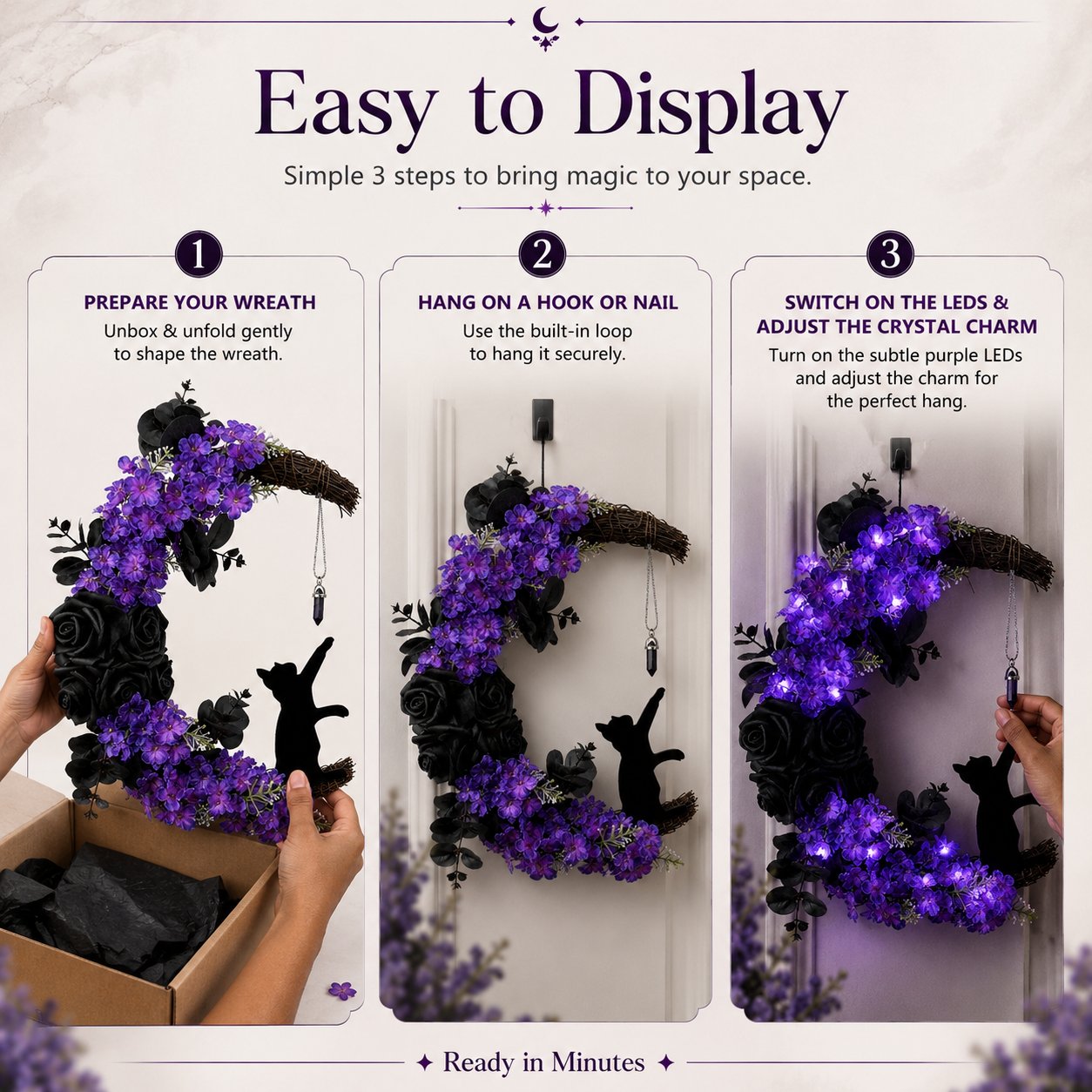How to display Halloween crescent moon cat wreath