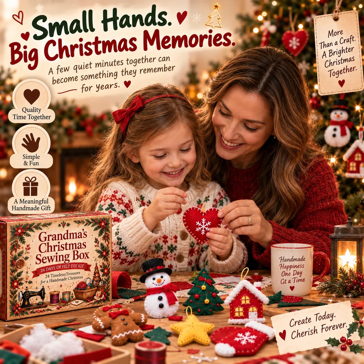 Mother and child making felt Christmas ornaments together