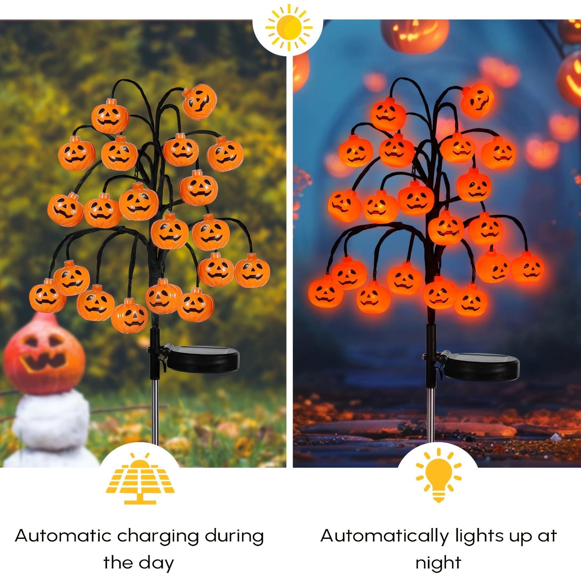 Pumpkin stake light shown charging in daylight and glowing automatically at night