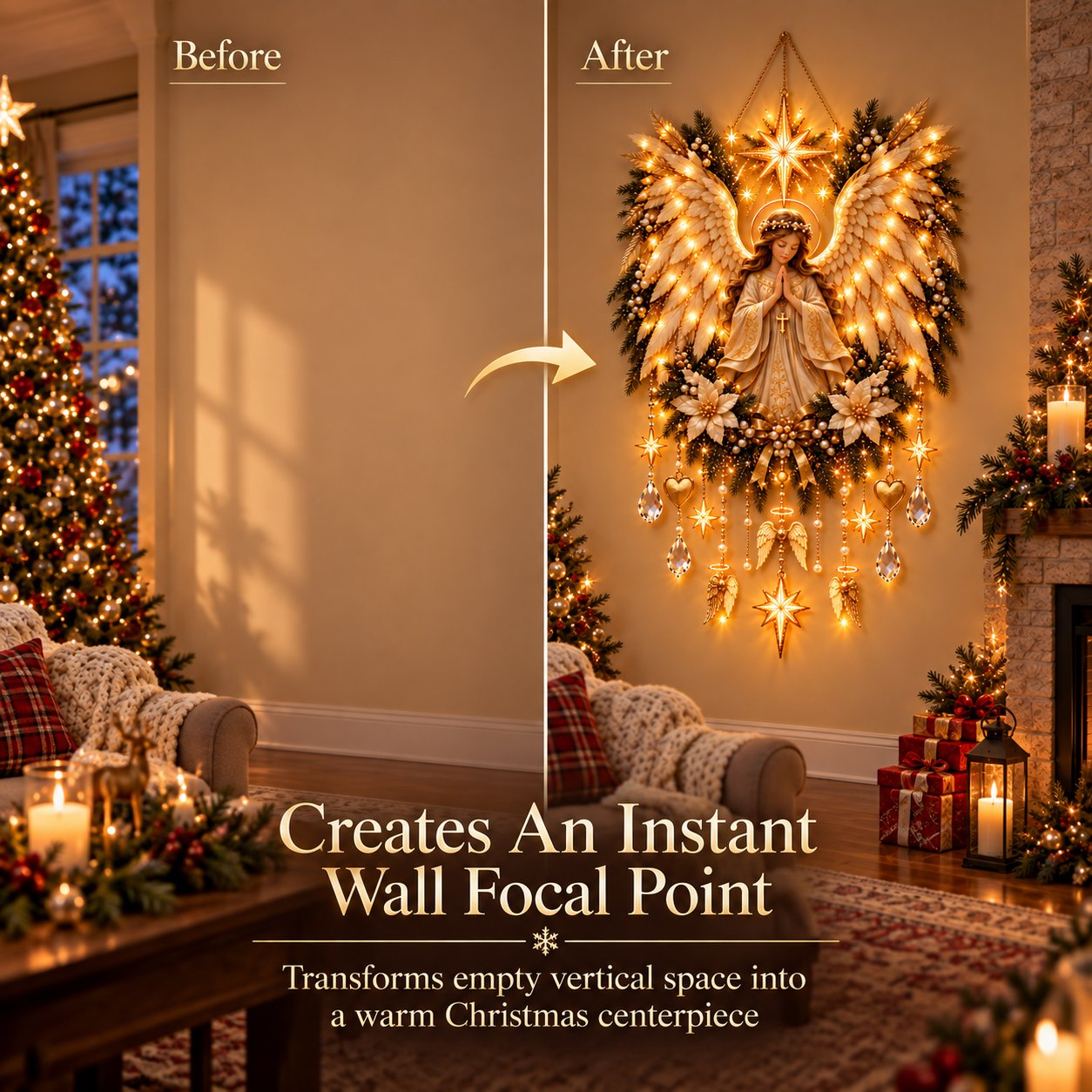 Large illuminated angel wall focal point