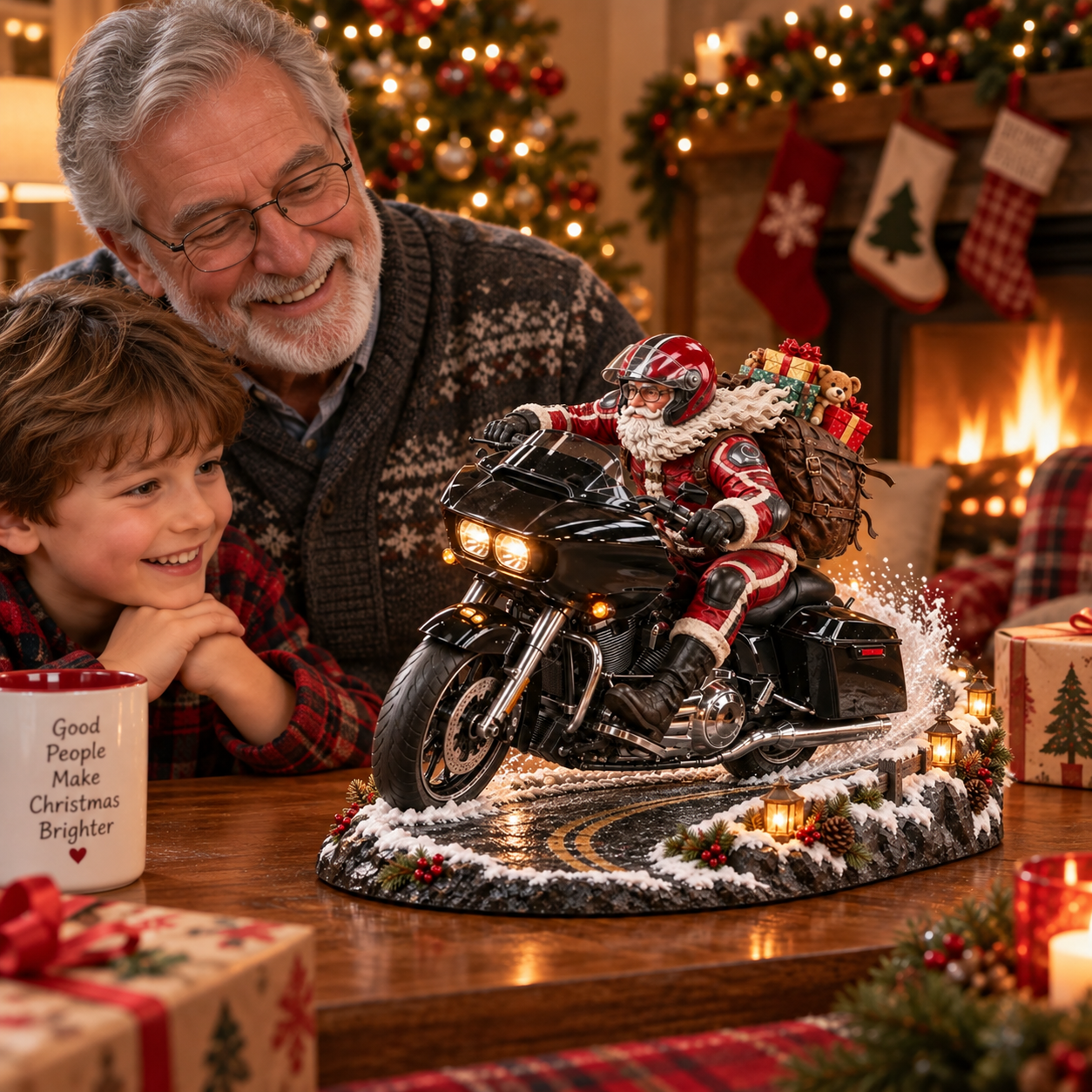 Family enjoying Santa motorcycle Christmas keepsake