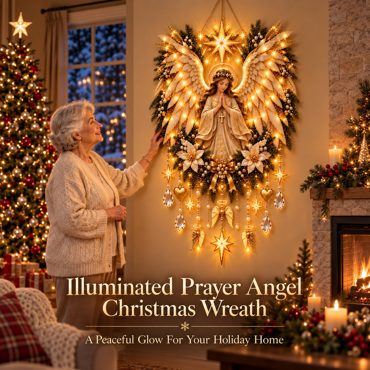 Illuminated prayer angel Christmas wall decoration