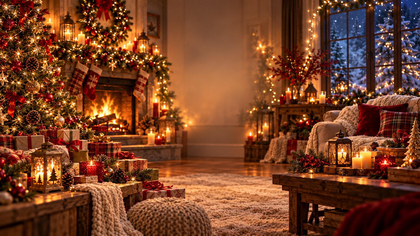 A cozy Christmas room with a decorated tree, fireplace, stockings, and glowing lights