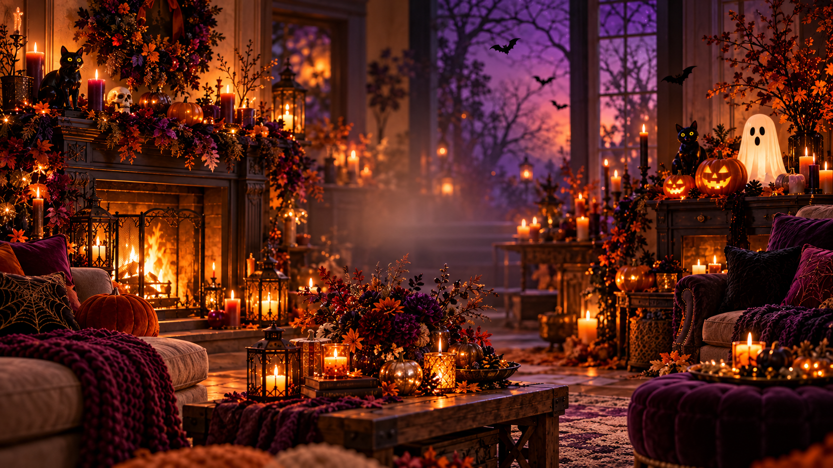 A Halloween room with pumpkins, candles, a black cat, and bats