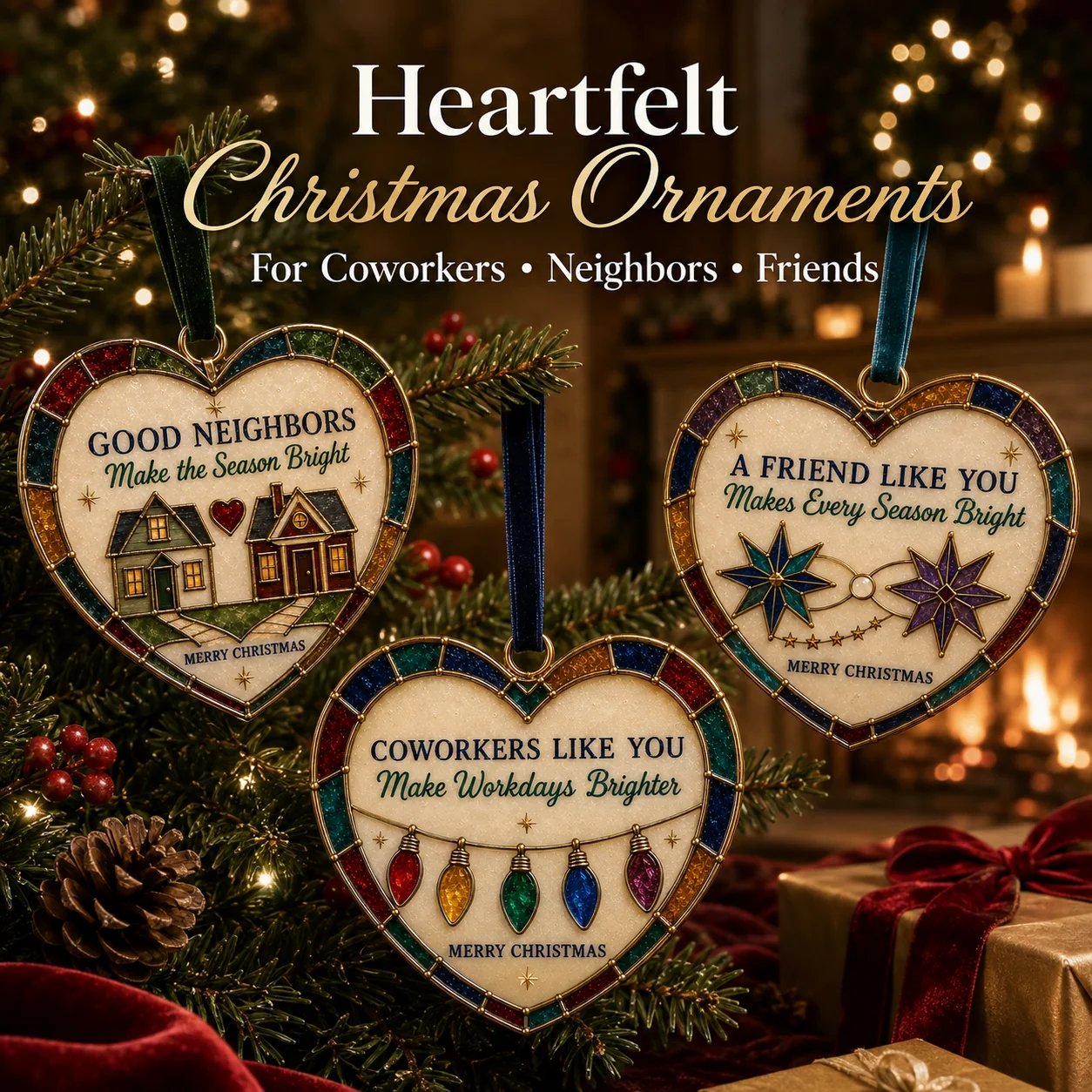 Stained-glass-look heart Christmas ornaments with heartfelt messages