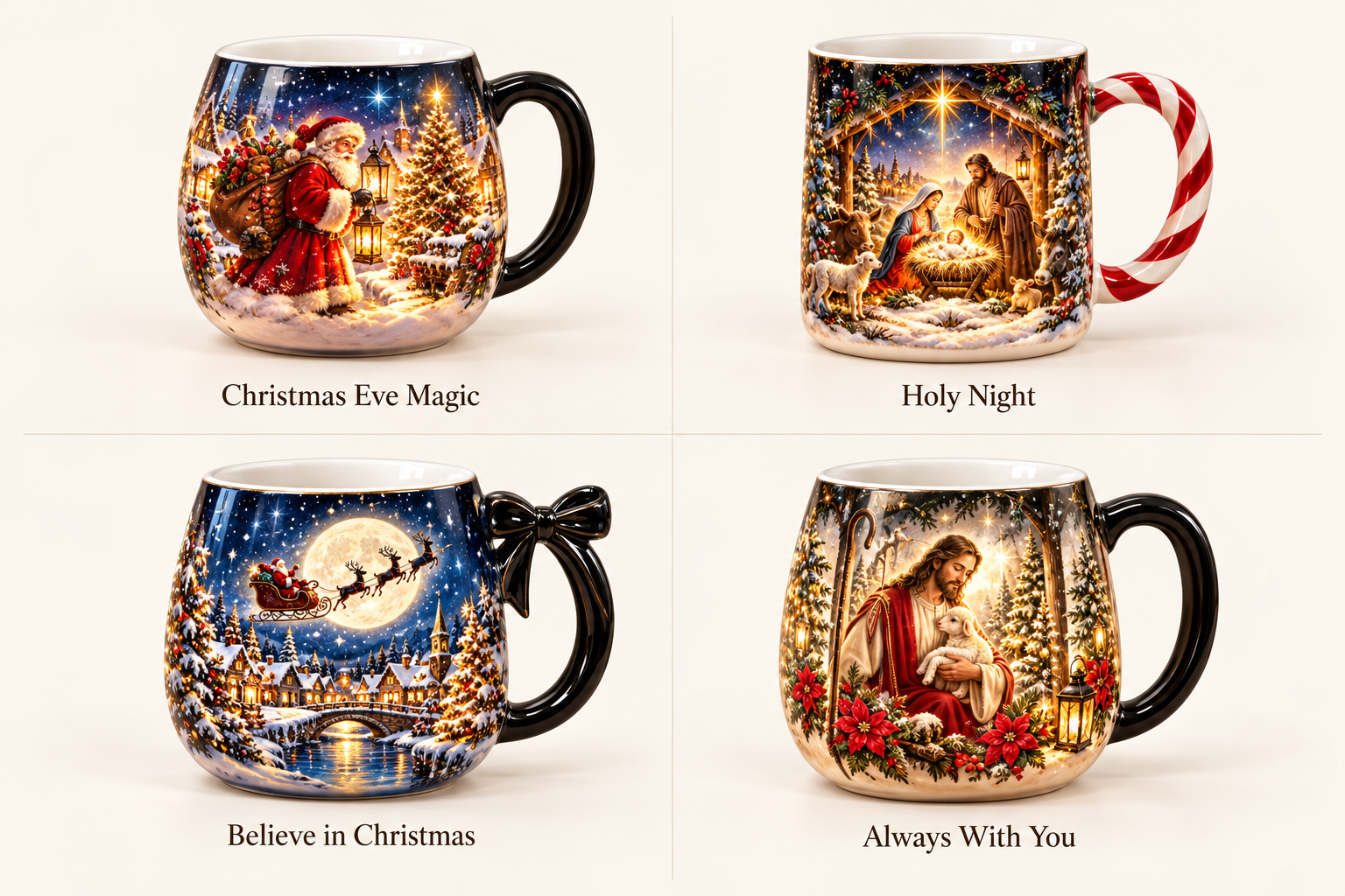 Four mug designs labelled Christmas Eve Magic, Holy Night, Believe in Christmas and Always With You