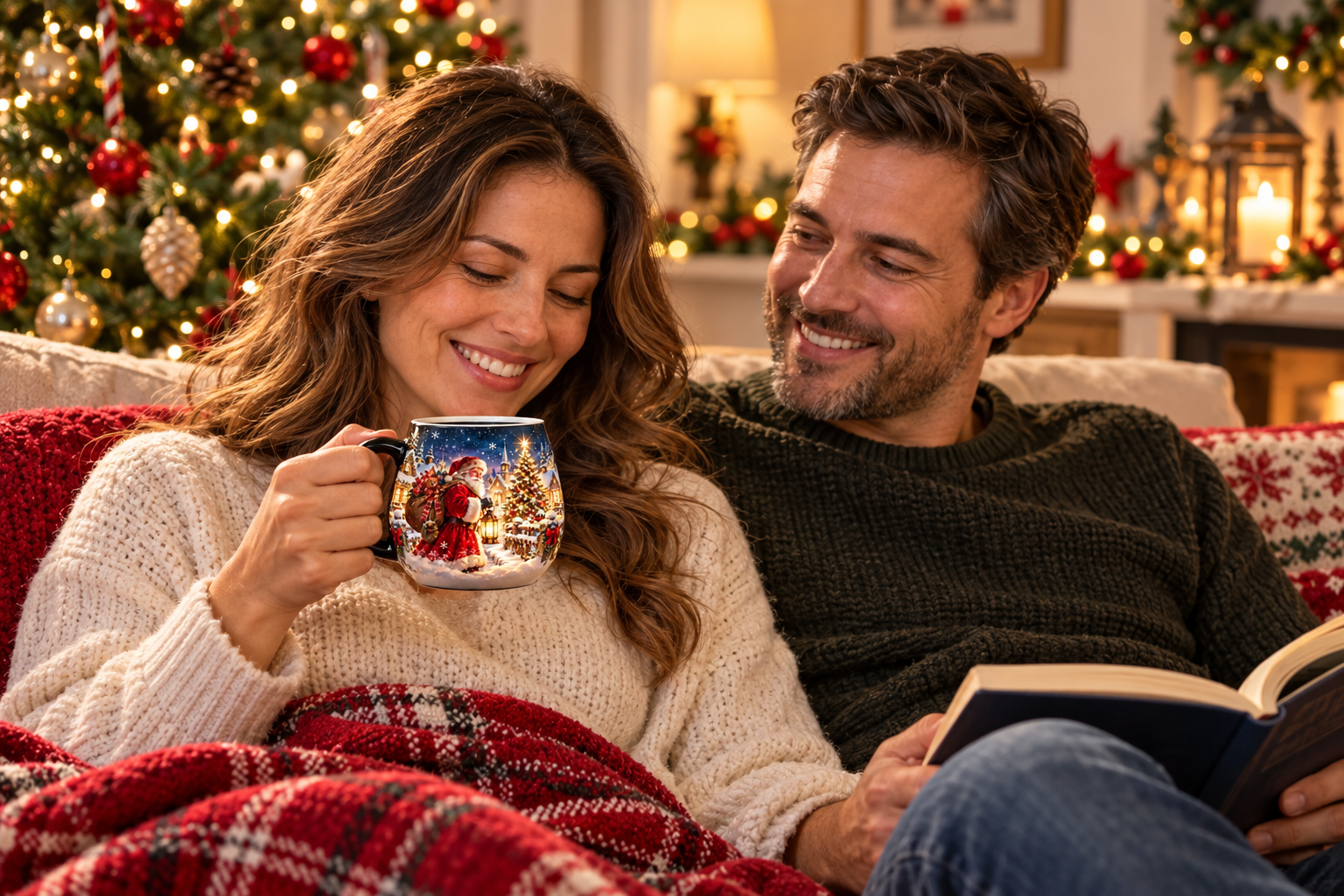Adult couple relaxing beside a Christmas tree with a Santa heat-reveal mug