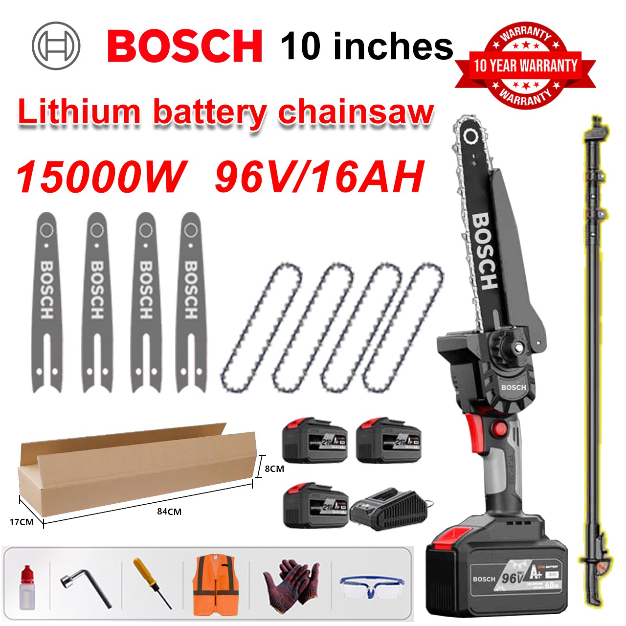 Bosch 15000W 96V ličio akumuliatorinis grandininis pjūklas, galingas bešepetis pjūklas (su teleskopi