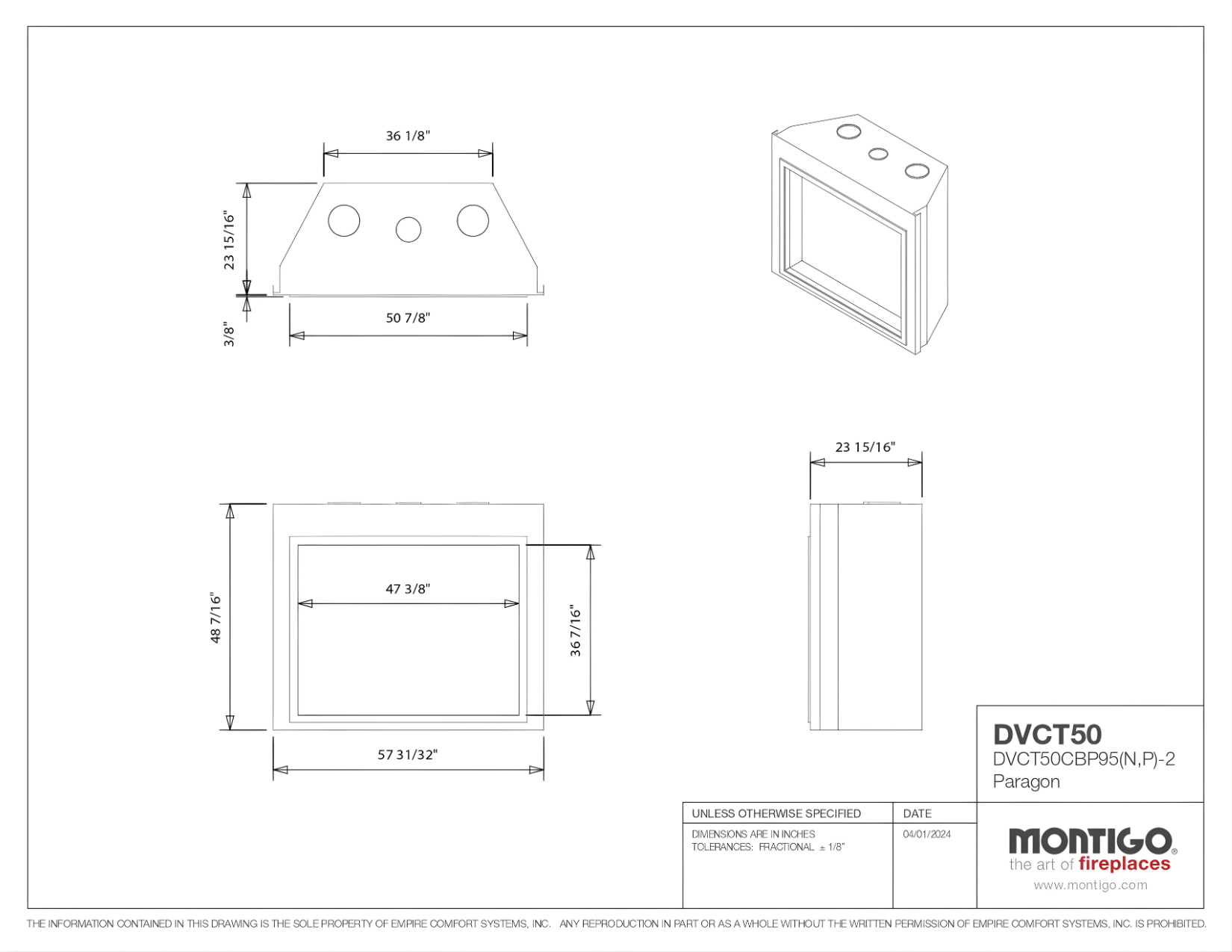 Montigo Paragon gas fireplace technical drawing and dimensions