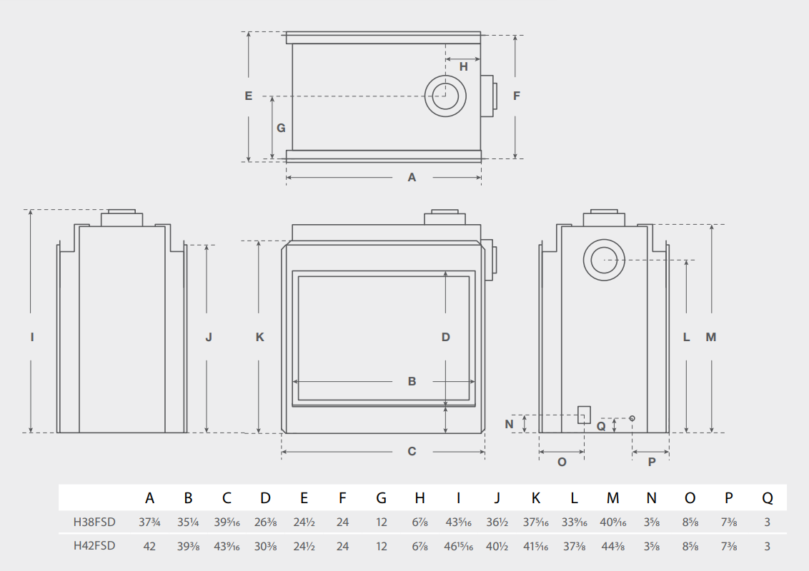 Montigo Divine H38FSD fireplace dimensions