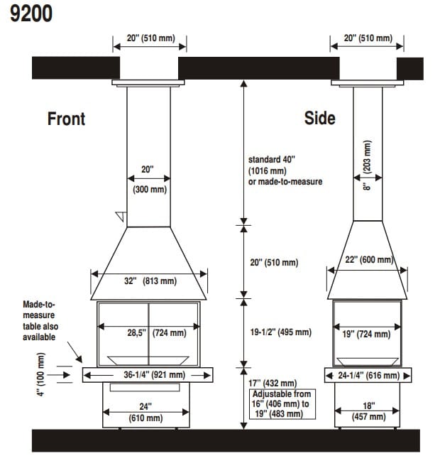 Don-Bar 9200 Series fireplace dimension diagram