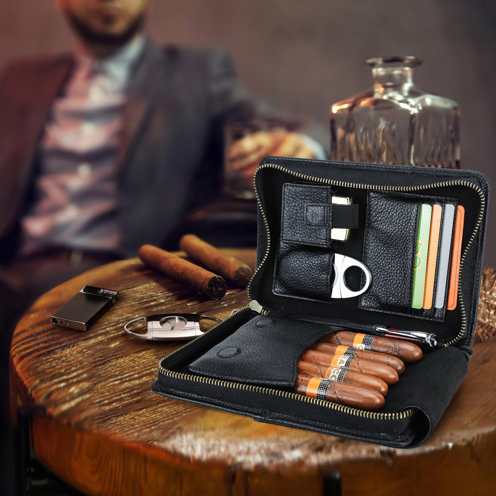Black leather 5-cigar travel organizer open on a wooden table with cigars, cutter and lighter