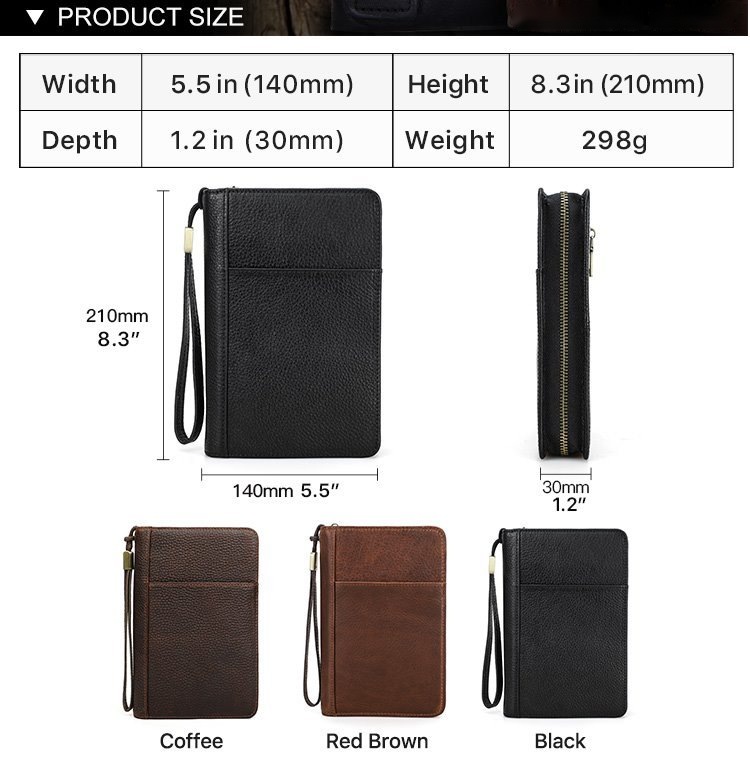 CF5009 size chart: 210 x 140 x 30 mm, available in coffee, red brown and black