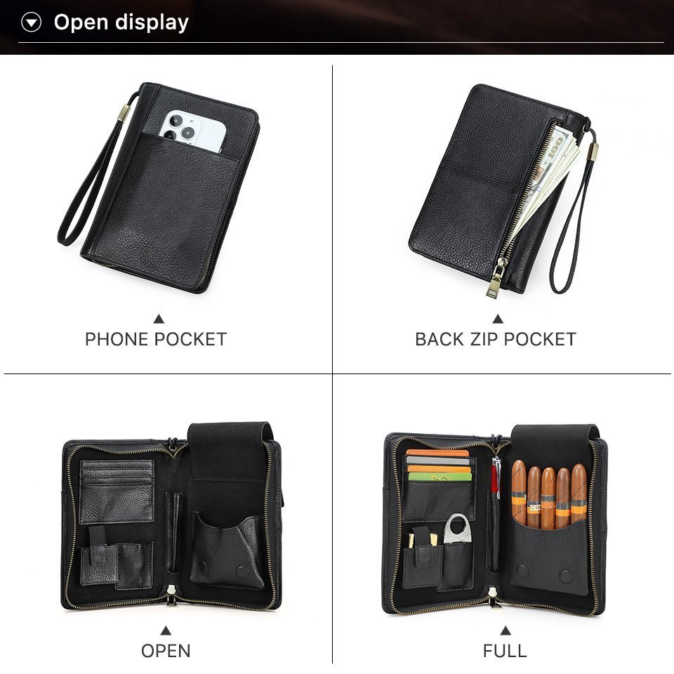 Four views of the CF5009: phone pocket, rear zip pocket, open and fully loaded