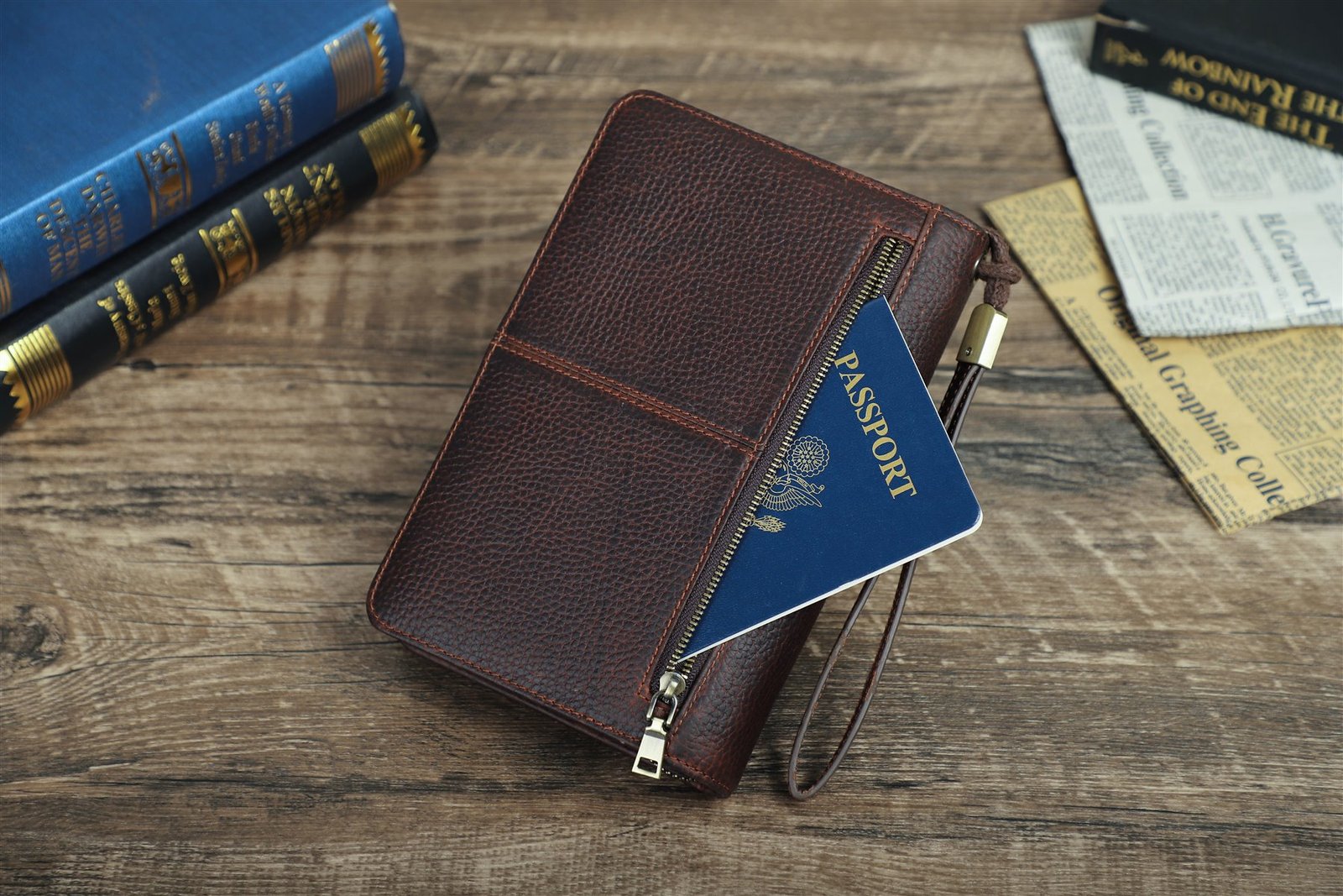 Rear zip pocket of the coffee brown CF5009 case holding a passport