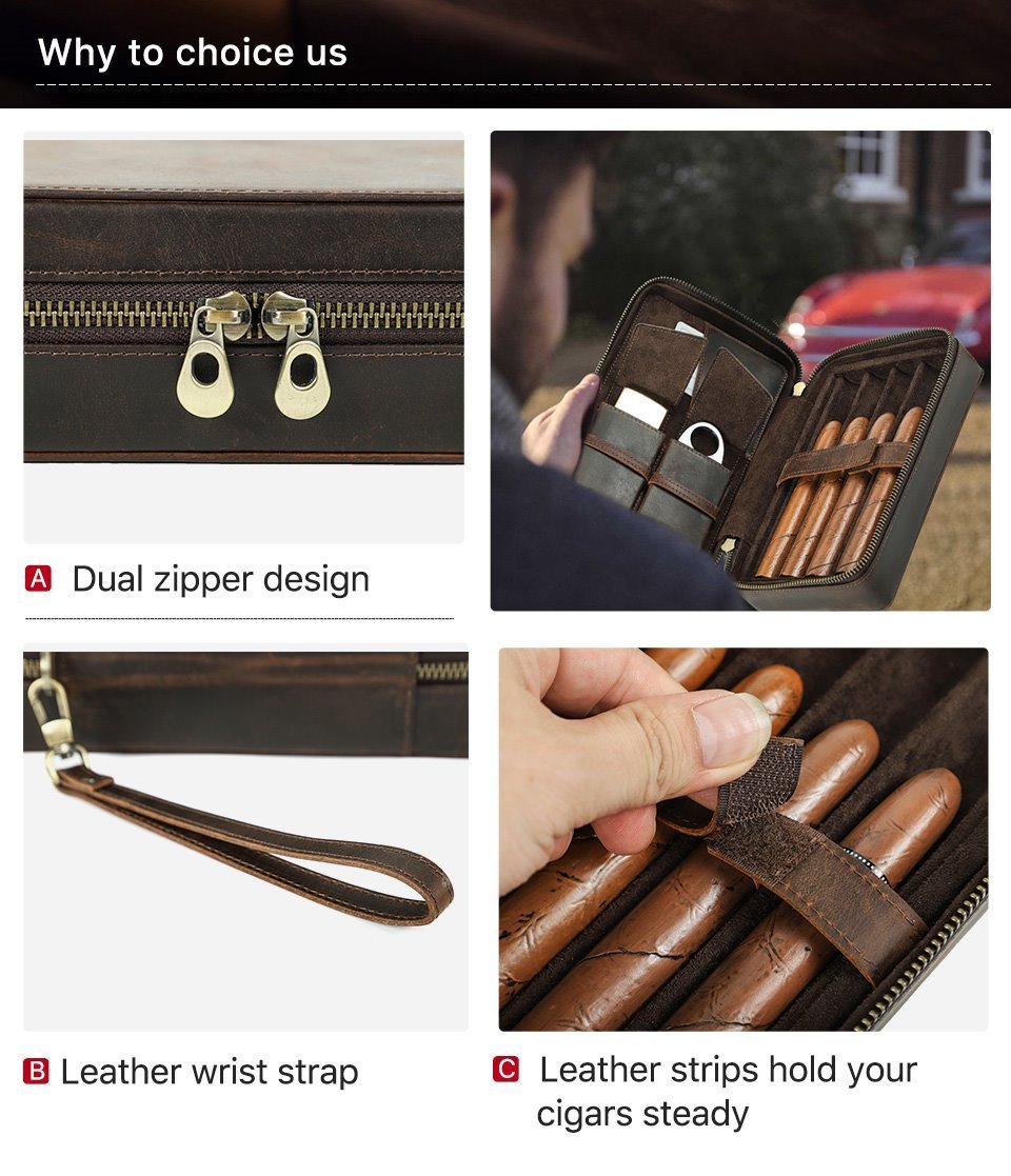 CF5010 details: dual zipper, leather wrist strap and leather strips that hold cigars steady