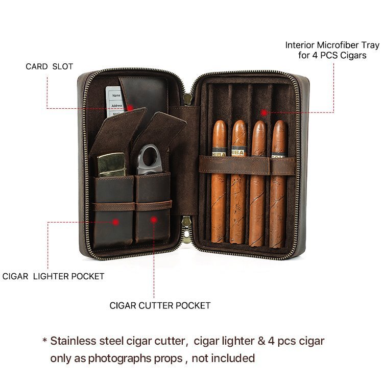 Labelled CF5010 interior: microfiber tray for 4 cigars, card slot, lighter and cutter pockets
