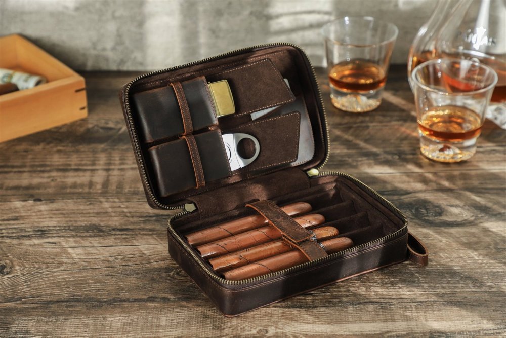 Angled view of the open CF5010 leather travel cigar case