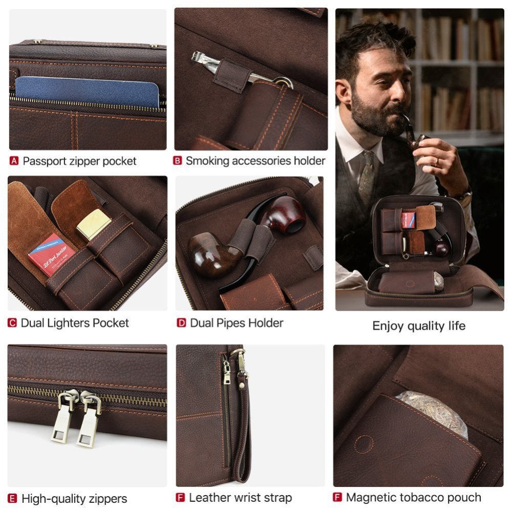 CF5016 feature details: passport zip pocket, accessory holder, dual lighter pockets, pipe holders, zippers and wrist strap