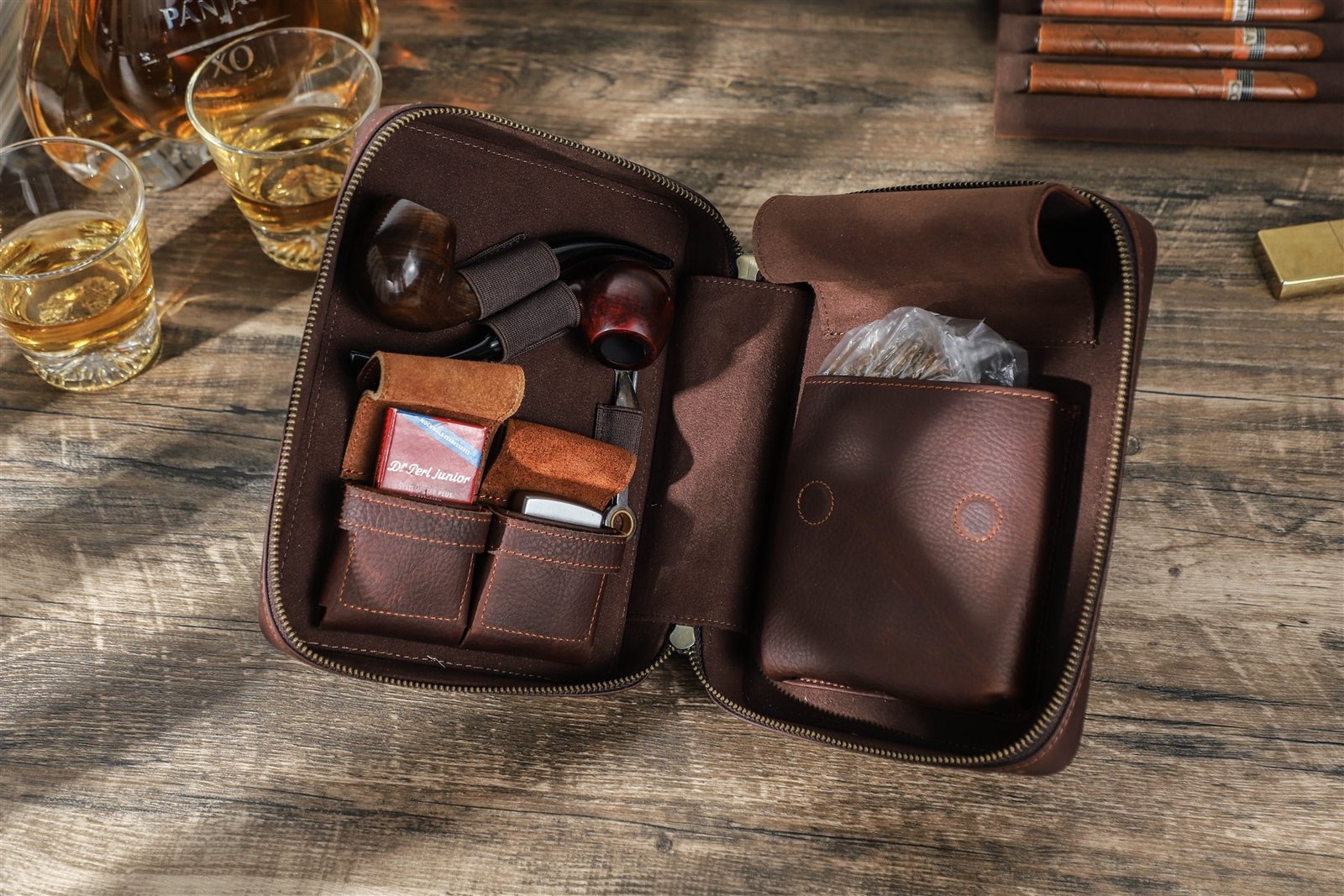 CF5016 leather pipe case open with two pipes, lighters and tobacco pouch