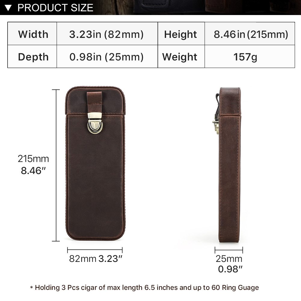 CF5018 size chart: 215 x 82 x 25 mm, 157 g, holds 3 cigars up to 6.5 in and 60 ring gauge