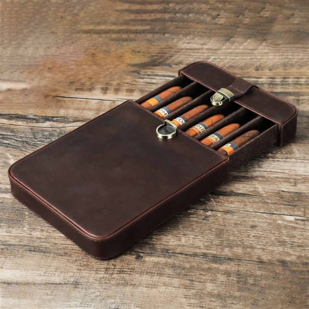 CF5019 leather cigar case with tray partly open on a wooden table