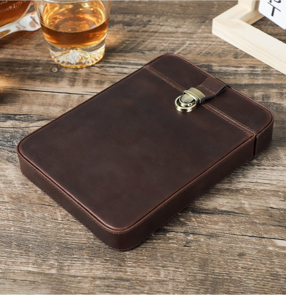 Closed CF5019 crazy horse leather case on a wooden table