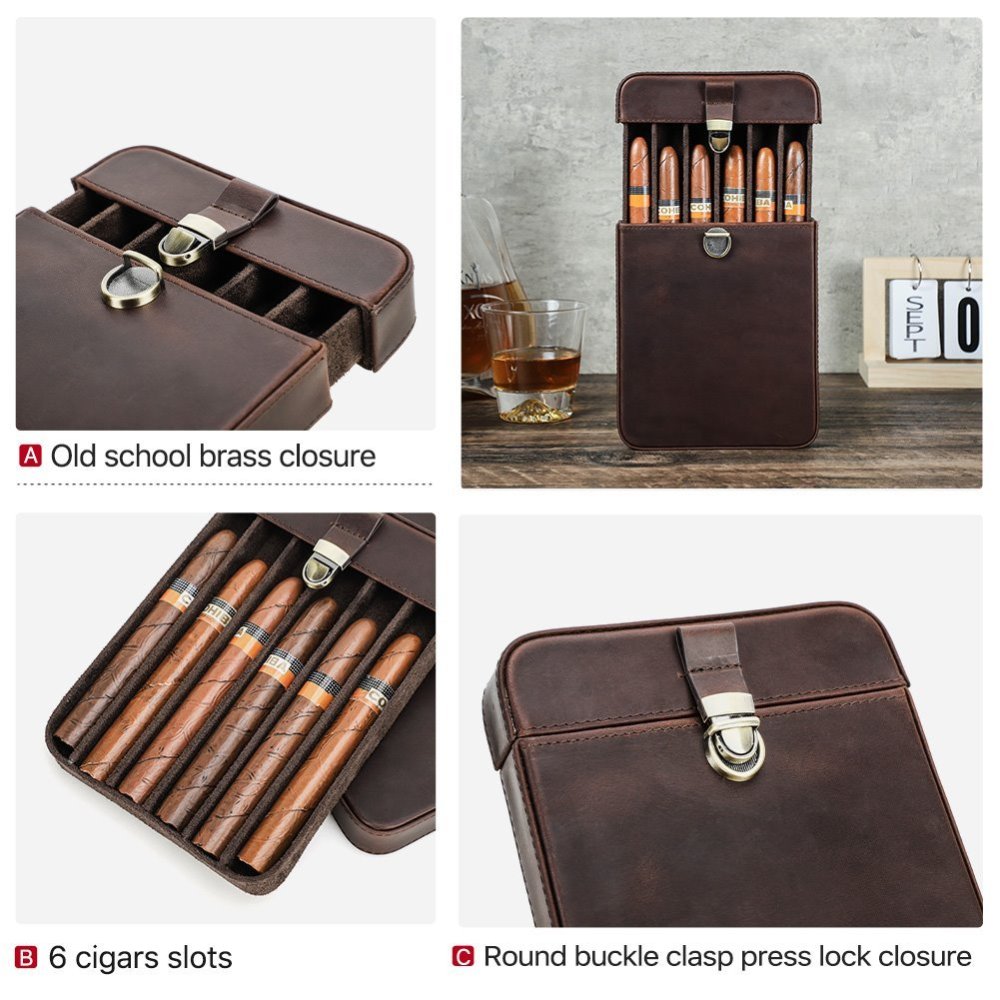 CF5019 details: old-school brass closure, 6 cigar slots and round buckle clasp