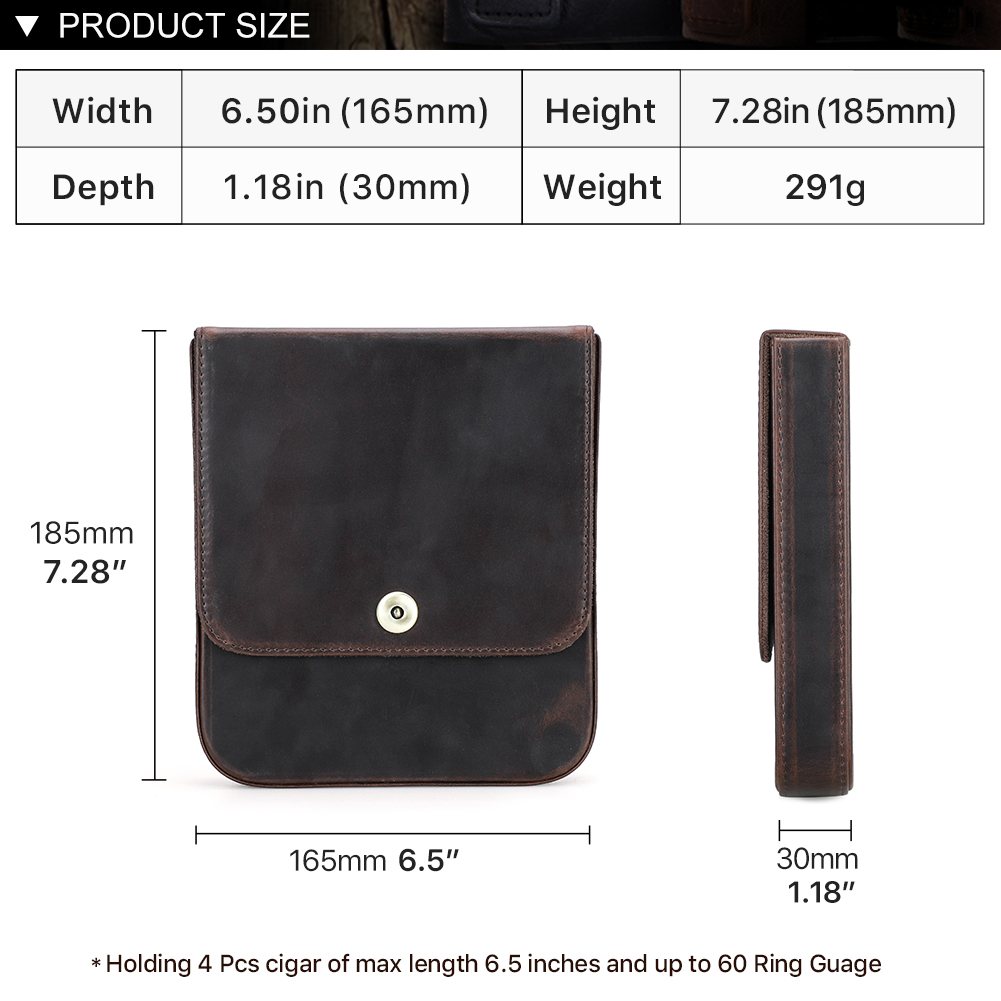 CF5021 size chart: 185 x 165 x 30 mm, 291 g, holds 4 cigars up to 6.5 in and 60 ring gauge