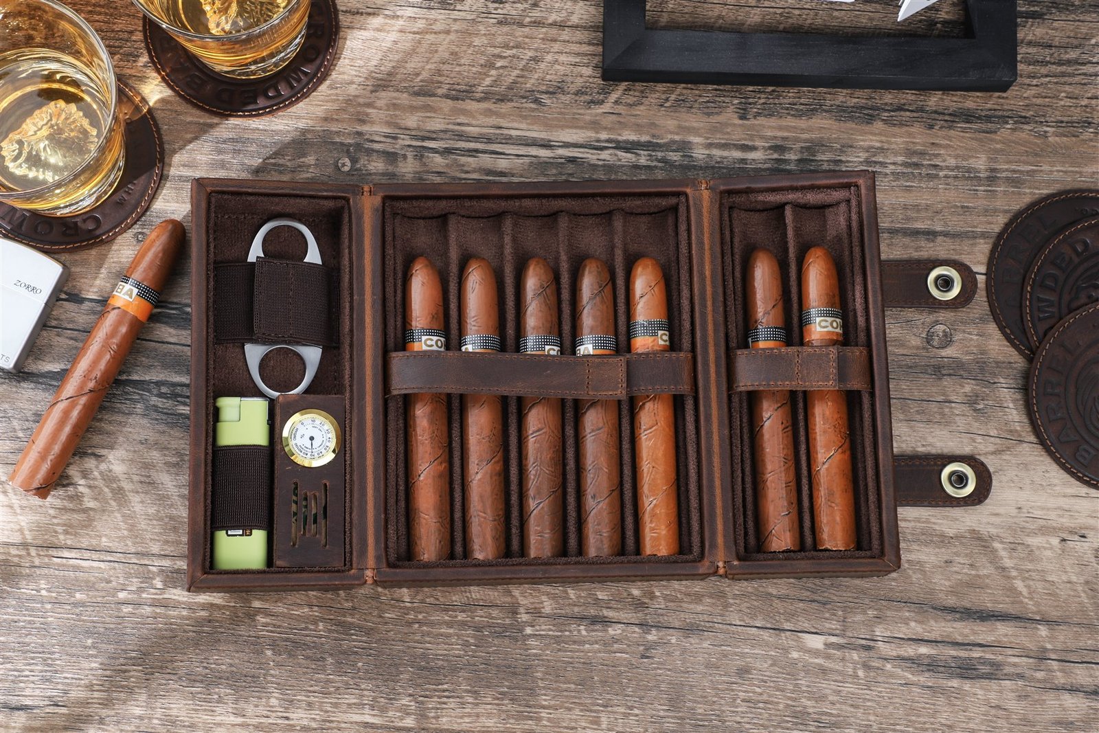 CF5029 leather cigar box fully open showing seven cigars, cutter and hygrometer
