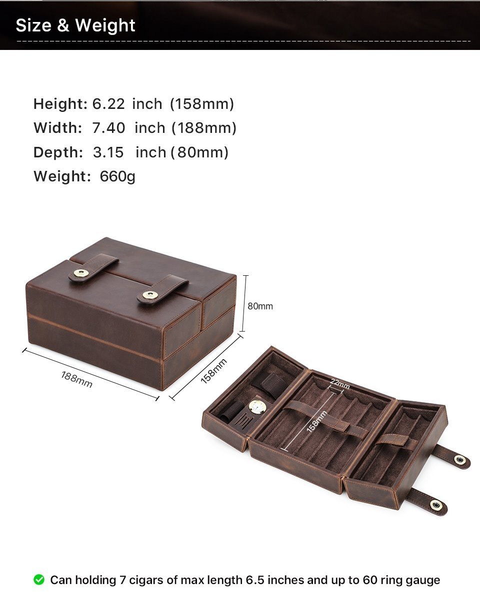 CF5029 size chart: 188 x 158 x 80 mm, 660 g, holds 7 cigars up to 6.5 in and 60 ring gauge