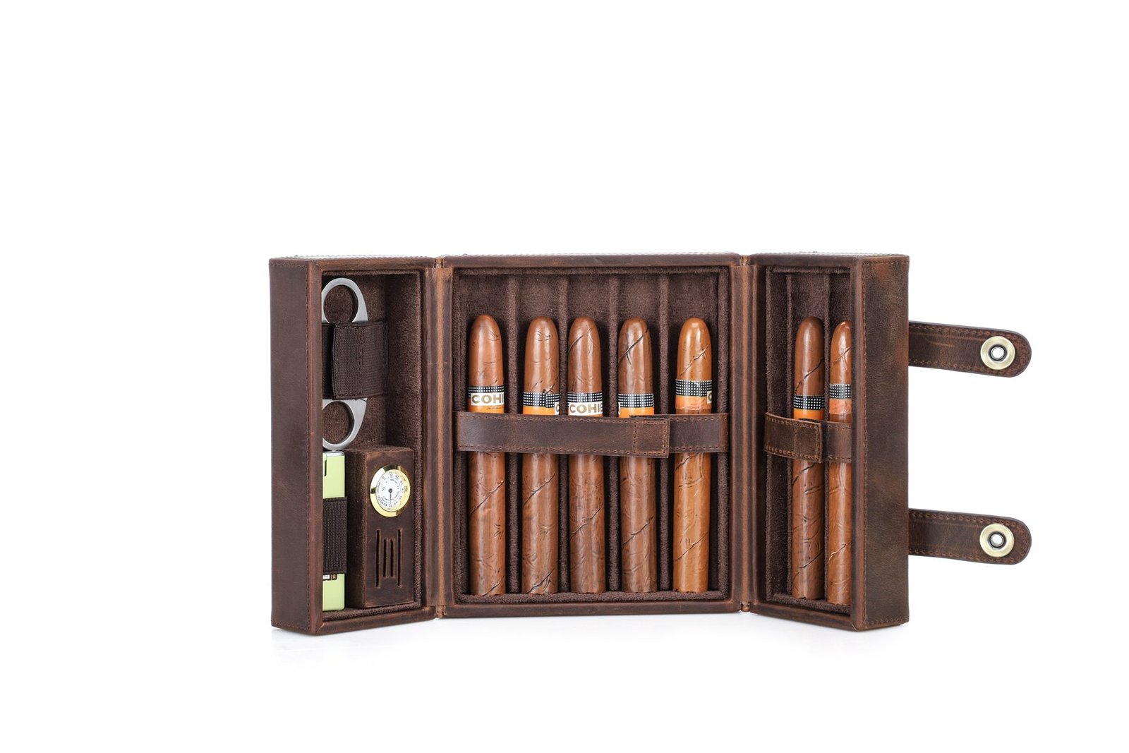 CF5029 7-cigar leather box open on a white background