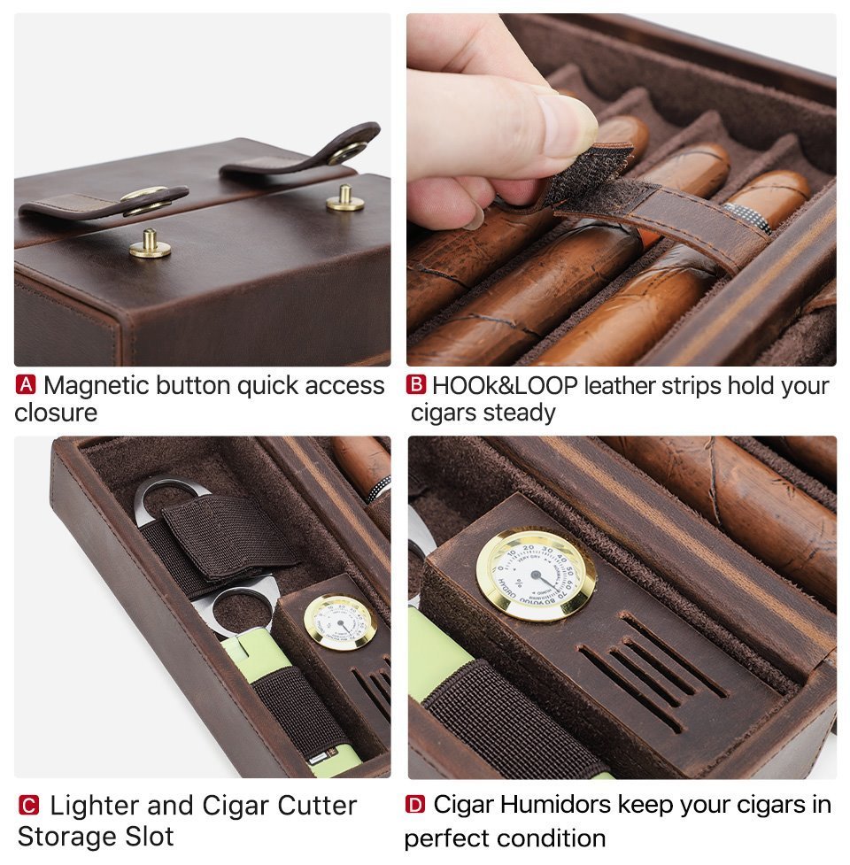 CF5029 features: magnetic button closure, hook-and-loop strips, lighter and cutter slot, hygrometer