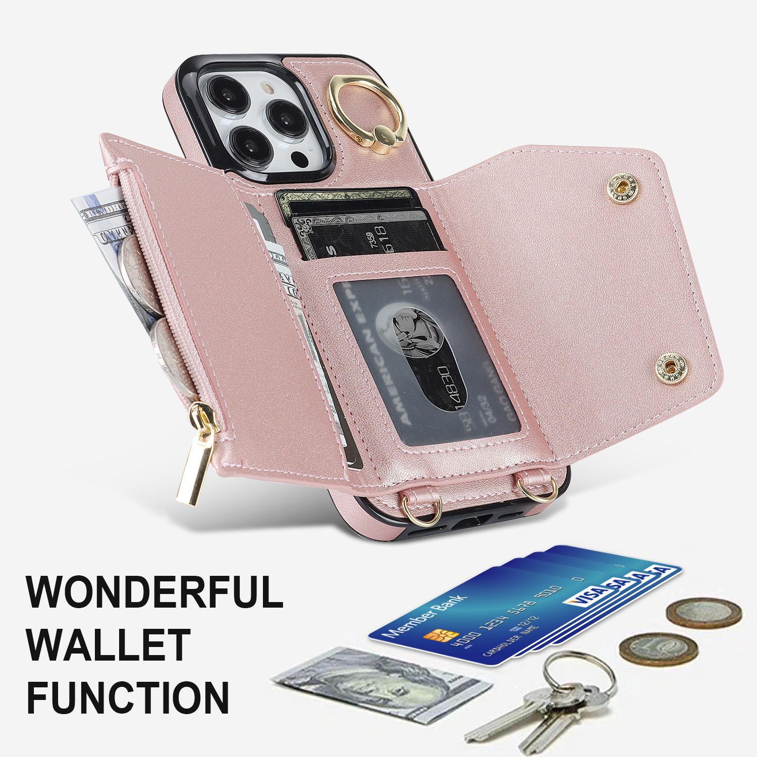 IPHONE protective leather case for iPhone with a back-cover design, featuring a wrist strap and a crossbody shoulder strap