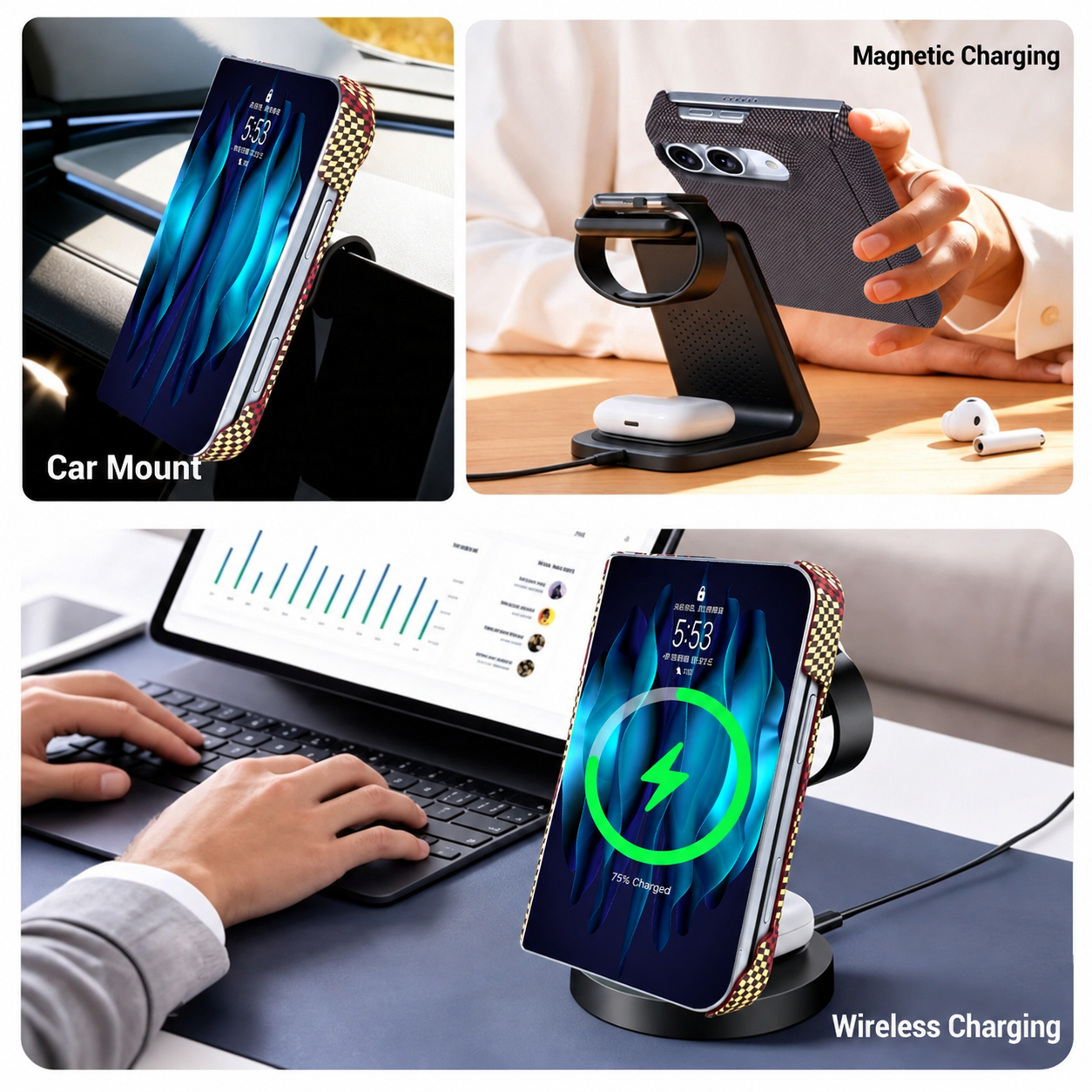 IPHONE Magnetic Hinge Case with Carbon Fiber Texture for iPhone Duo Foldable Phone
