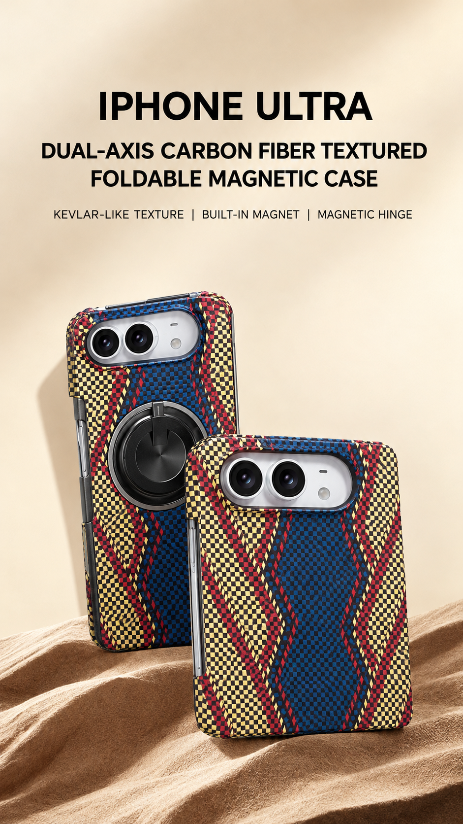 IPHONE Magnetic Hinge Case with Carbon Fiber Texture for iPhone Duo Foldable Phone