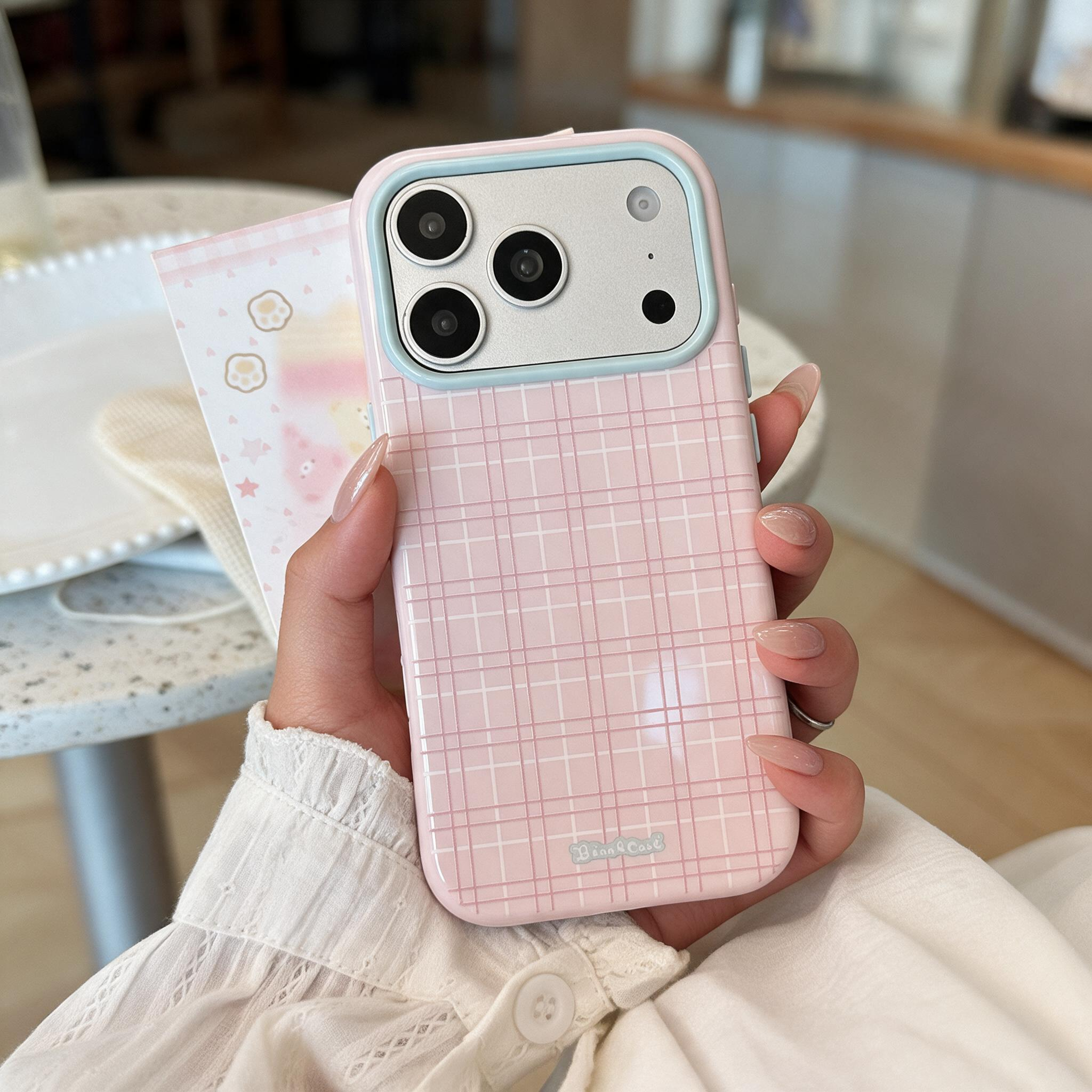 IPHONE aesthetic Pink Grid Glossy iPhone Case with Heart Mirror Stand