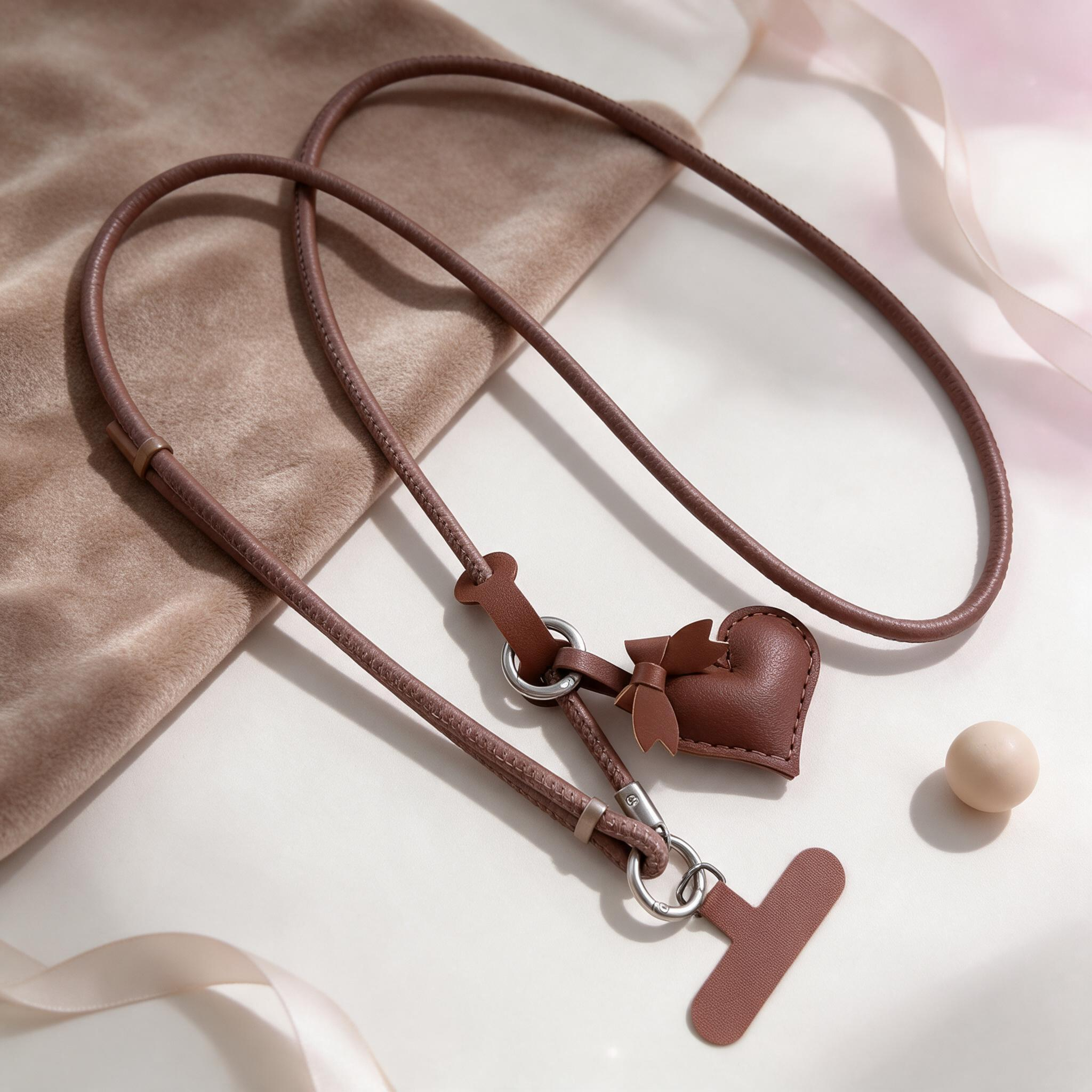 IPHONE adjustable Leather Crossbody Phone Strap with Heart Charm & Bow