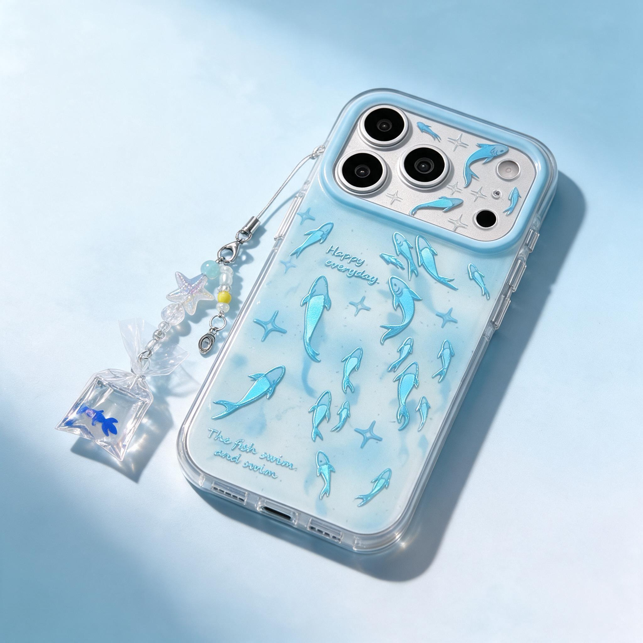 IPHONE holographic Blue Fish Clear Phone Case With Cute Fish Bag Charm