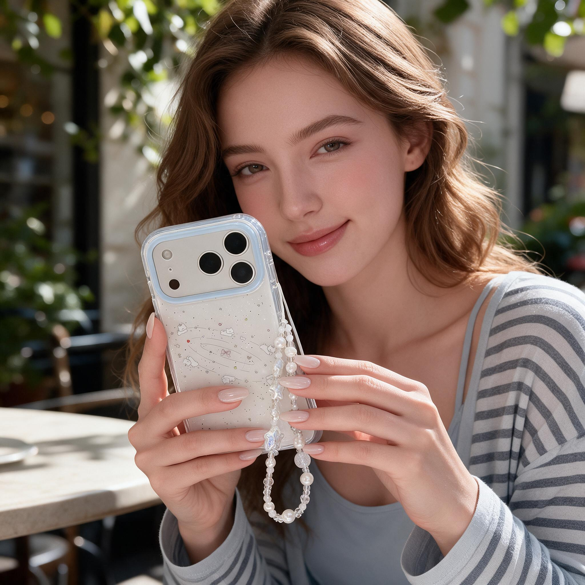 IPHONE clear Glitter Starry Sky Phone Case, Cute Orbiting Kitten Design Pearl Strap
