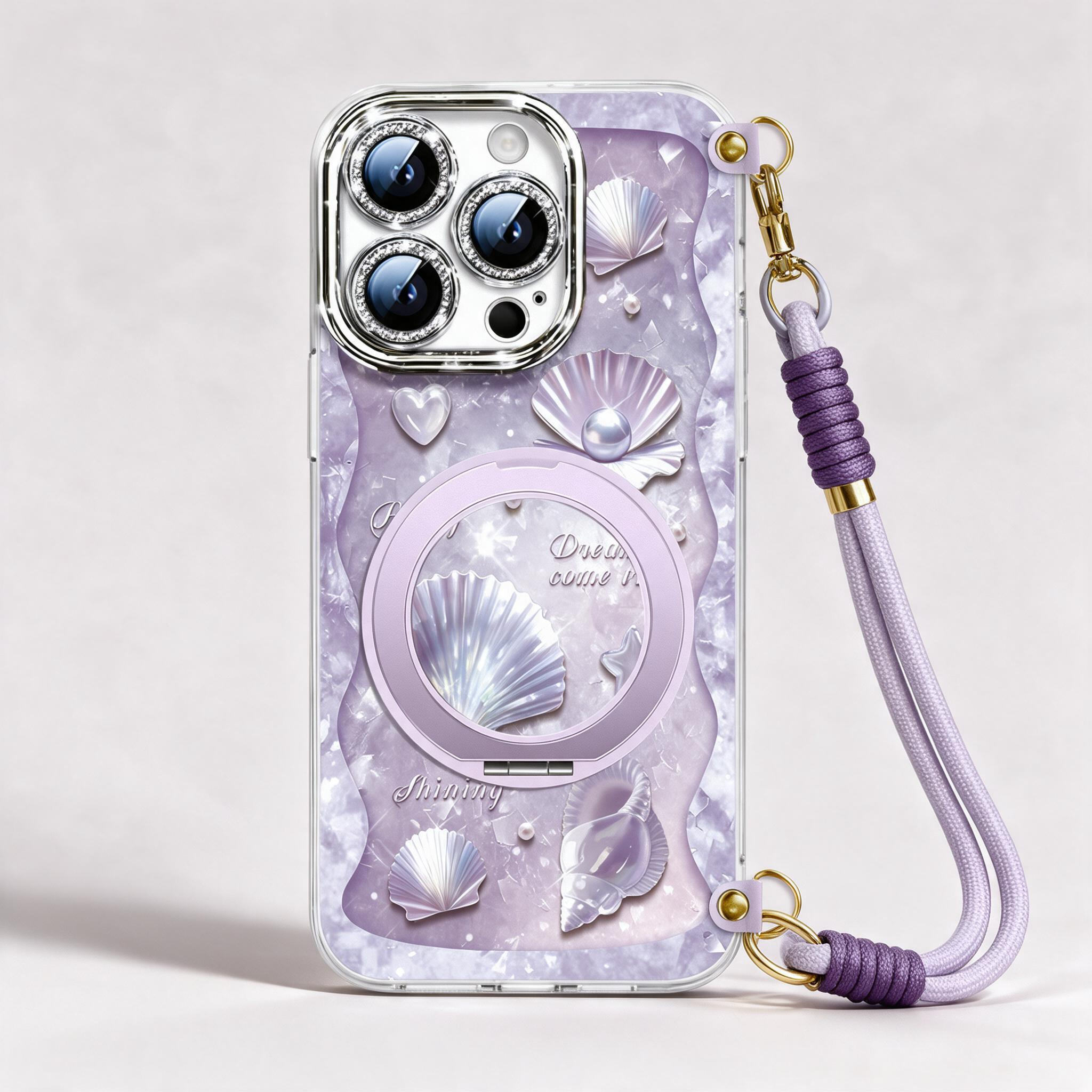 iPhone Mermaid Aesthetic Purple Seashell  Case With Hand Strap