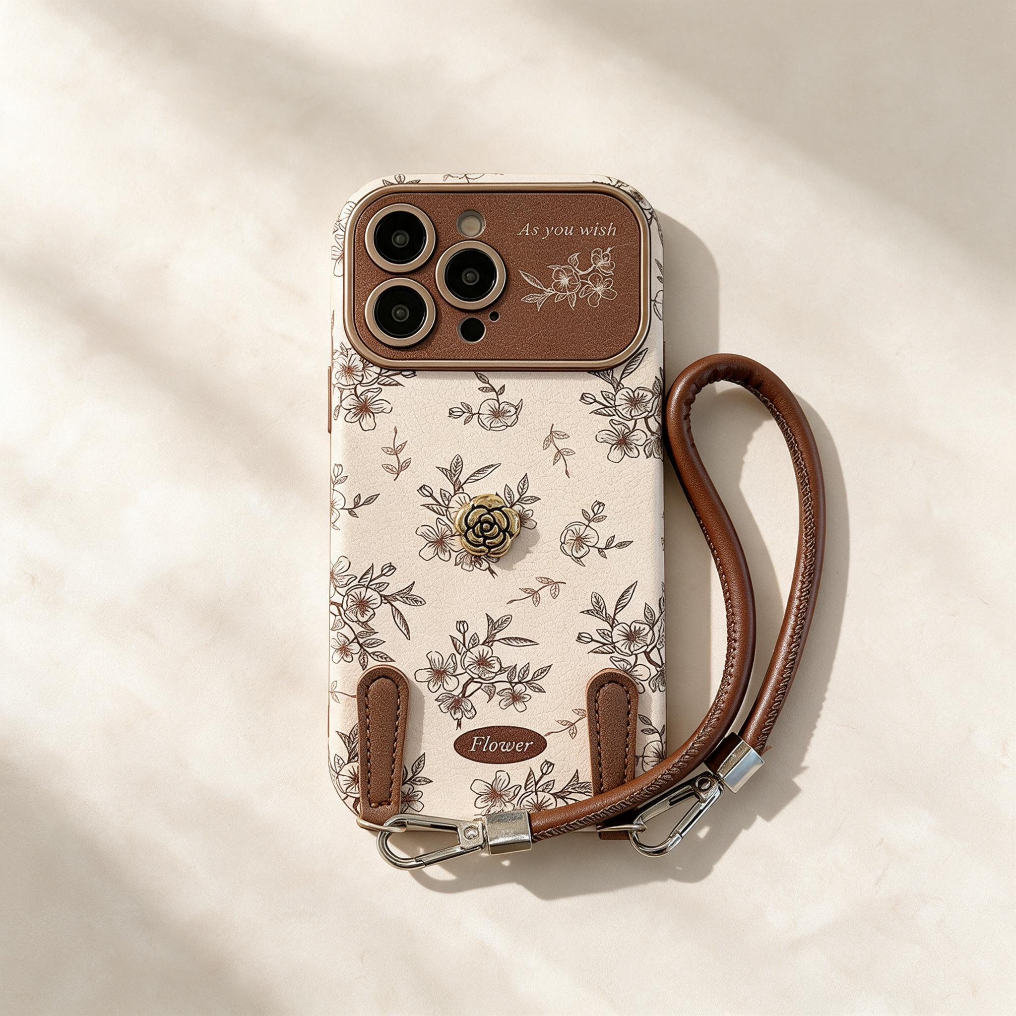 IPHONE French-style floral and camellia phone case with a wrist strap