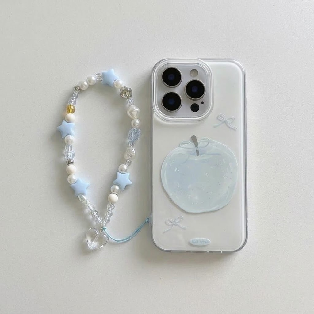 IPHONE Light Blue Apple Bow Phone Case with Star Pearl Wrist ChainLight Blue Apple Bow Phone Case with Star Pearl Wrist Chain